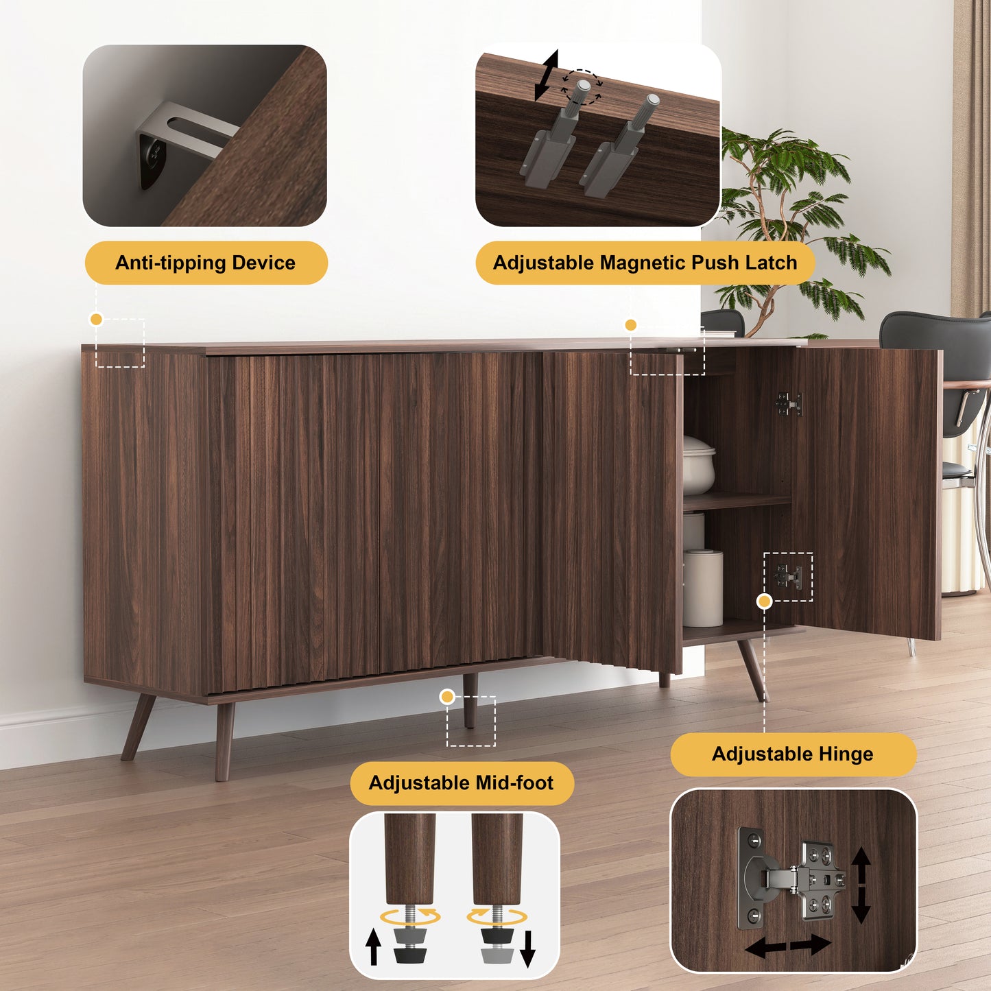Sideboard Buffet Cabinet With Storage, Long Sideboard Storage Cabinet With 4 Doors, Wood Credenza Console Coffee Bar Cabinets With Adjustable Shelves For Living Room Kitchen Dining Room Walnut