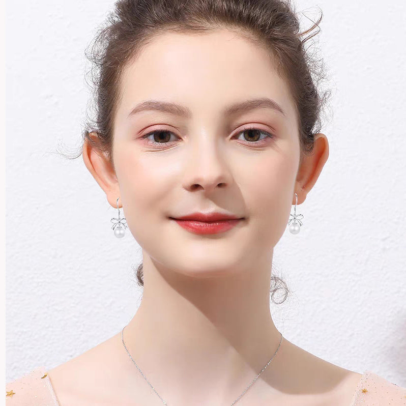 1 Pair 999 Sterling Silver Cut Bowknot & Pearl Hook Earrings, Sweet & Elegant, Perfect For Daily, Dating & Business, Ideal Valentine's Gift