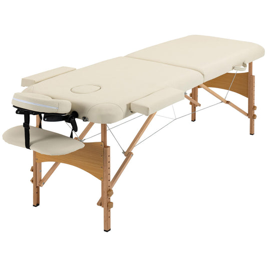 Portable Massage Bed, Folding Spa Beauty Massage Table With 2 Sections, Carry Bag And Wooden Frame, Cream