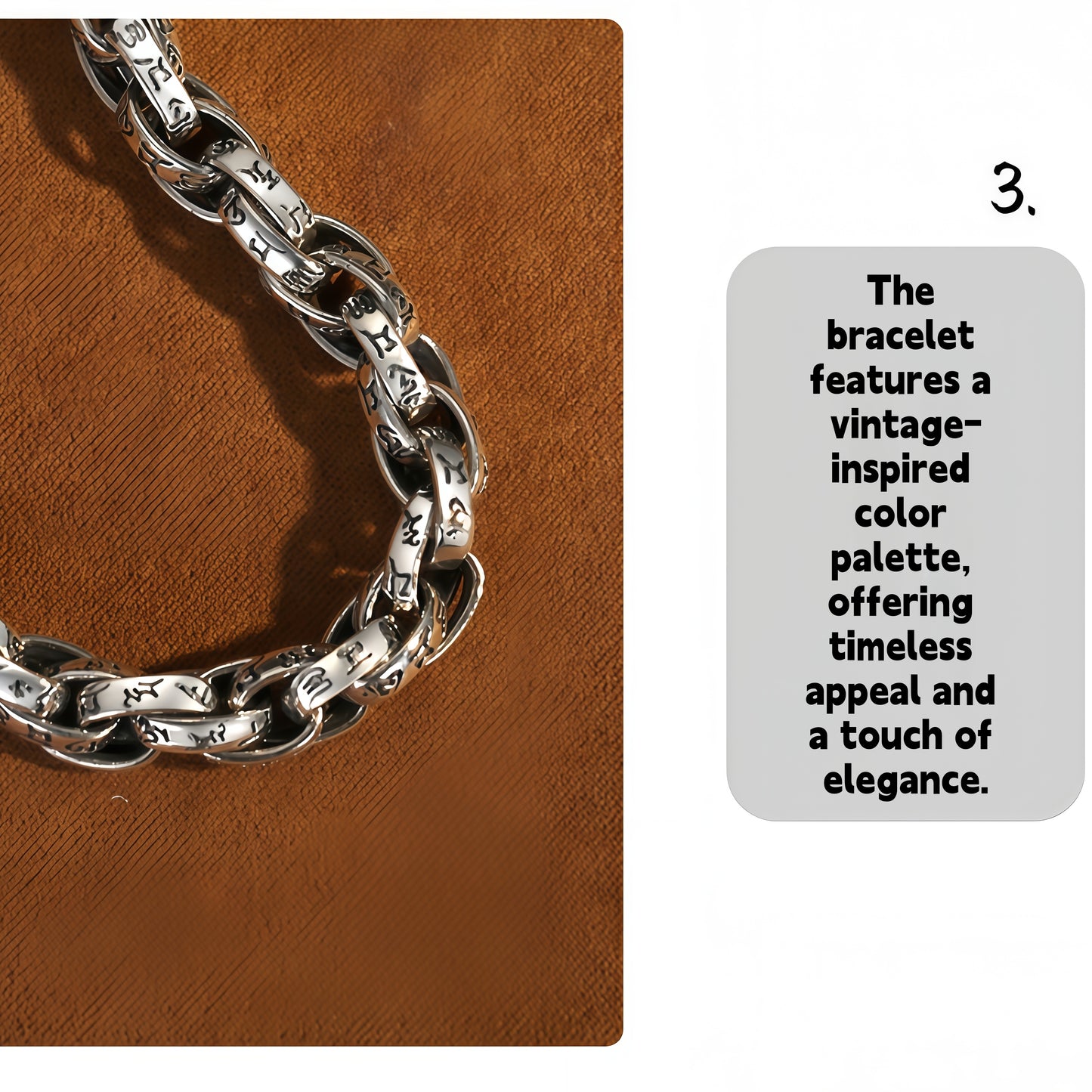 Antique Scroll Engraved Thick Curb Chain Bracelet For Men, Copper Plated Silver Oxidized Vintage Biker Punk Heavy Link Wrist Jewelry Gift