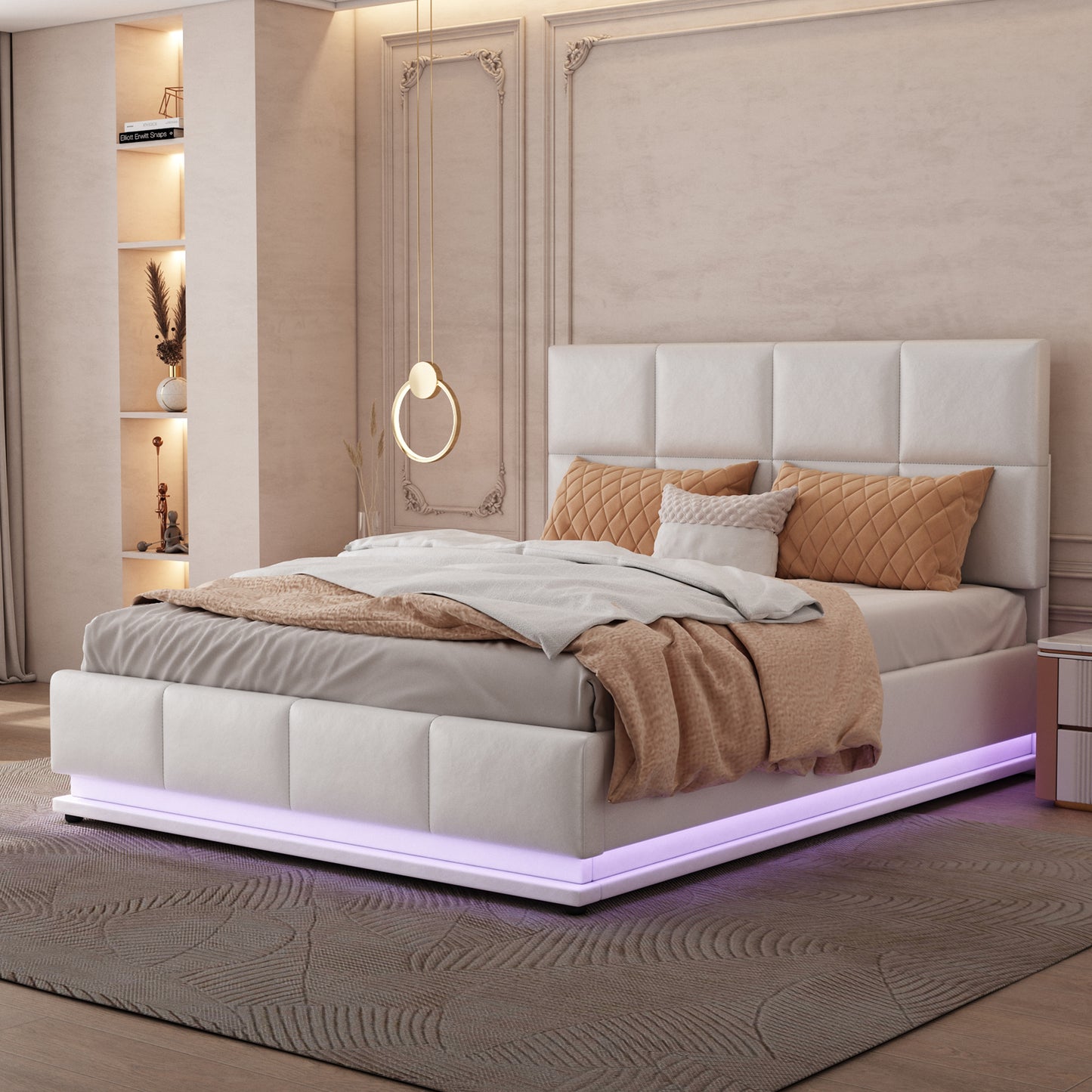 Upholstered Bed 140x200 Cm With LED Lighting & Hydraulically Liftable Bed Storage, Bed Box & Slatted Frame Covered In Faux Leather, Double Bed For Adults Or Teens, White