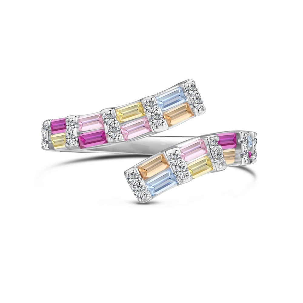 Women's Korean-style INS-style S925 Sterling Silver Open Ring Symmetrical Color Zirconium Inlaid