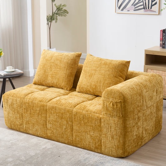 Comfortable Sofa For 2 People, No Assembly Required, Fluffy Sofa With A Cushion, Side Pockets For Remote Control And Mobile Phone, Neat And Stylish, Yellow