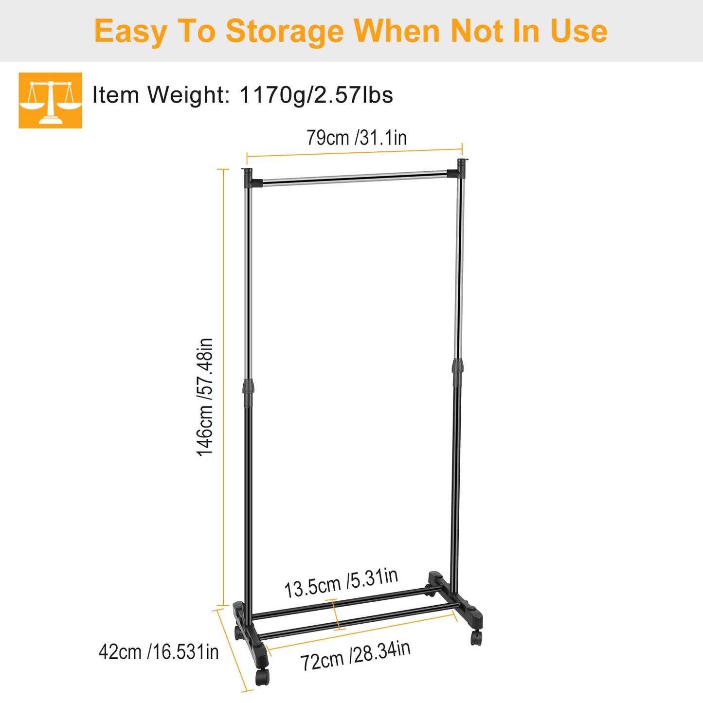 15kg 33lbs Garment Racks 3.12ft To 4.80ft Height Adjustable Clothes Stand Foldable Clothes Hanger With Wheels Storage Shelf For Dormitory Home