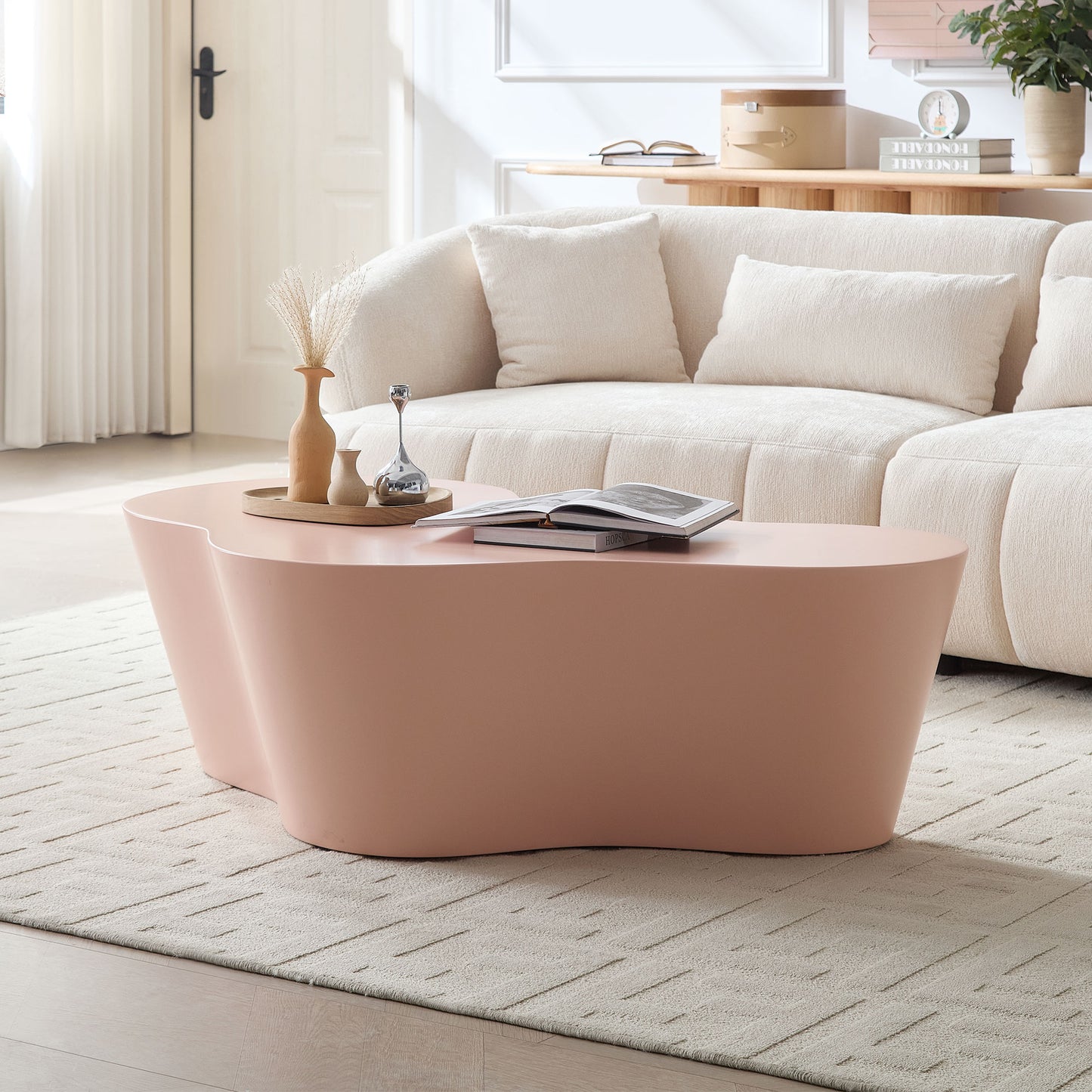 50 Inch Unique Shape Coffee Table Sturdy Fiberglass Tea Table For Living Room No Need Assembly PINK