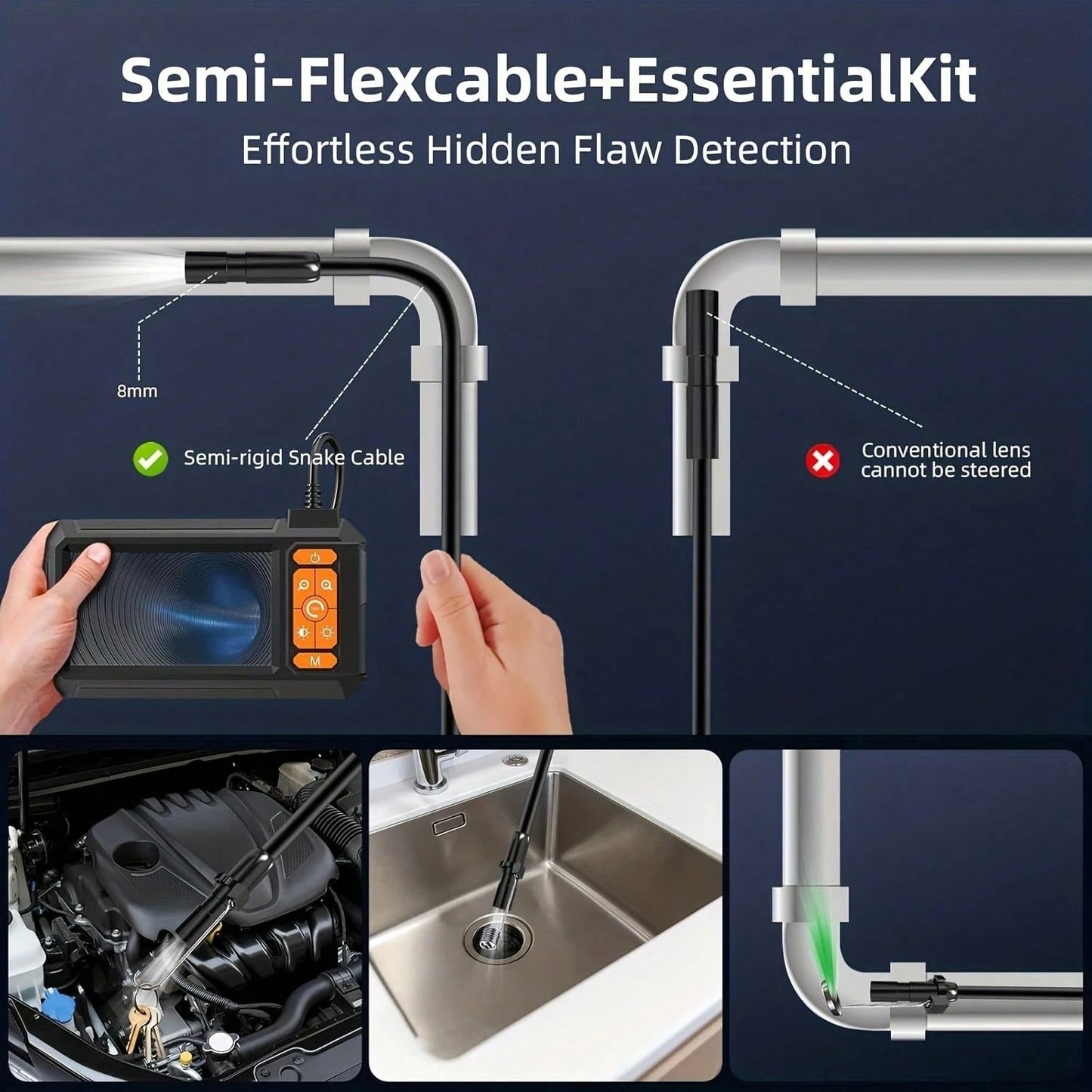 4.3-inch Industrial Endoscope 8mm HD Digital Inspection Camera IP67 Waterproof Rating Battery-Powered Ideal For Vehicle Maintenance, Machine Inspection, Blockage Removal, And Medical Equipment
