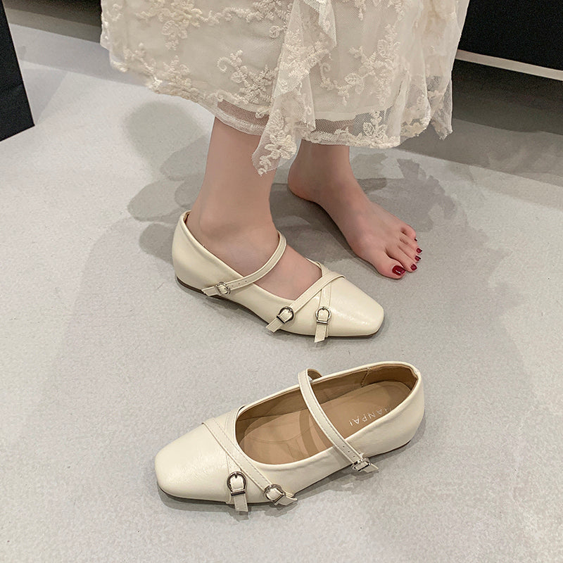 2026 Spring Summer New Women's French Square Toe Mary Jane Flats With Hidden Heel, Elegant Silver Single Shoes With Single Strap Buckle