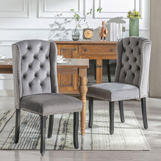 Velvet Dining Chairs Set Of 2 With Oak Legs, Knob, Chrome Knocker And Nailhead Trim Bedroom Chair Kitchen Chair Living Room Lounge Leisure Chair, Grey