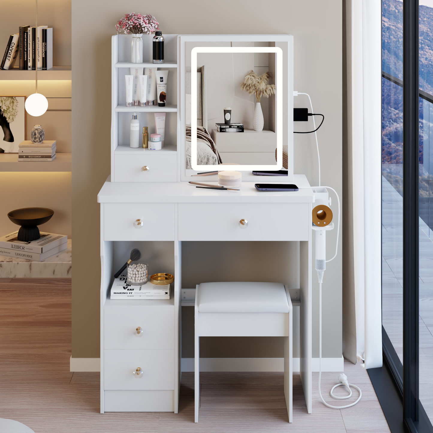 29.2  Small Size Left Drawer Desktop Vanity Table   Cushioned Stool, 2 AC 2 USB Power Station, Hair Dryer Bracket, Extra Large Touch Control Sliding LED Mirror, Tri-color Switching, Brightness Adjust