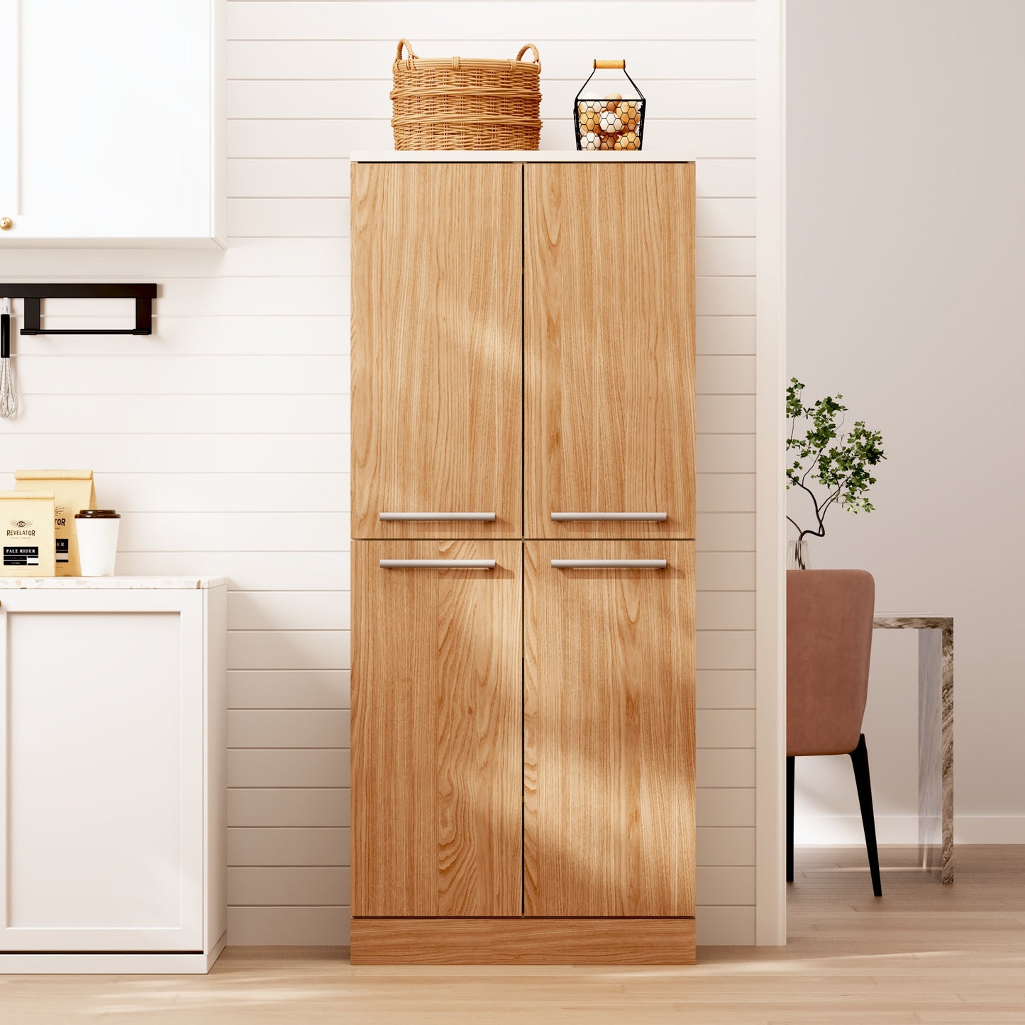Kitchen Pantry Cabinet, Tall Kitchen Cabinet 4-door, Refrigerator-like Pantry Cabinet With Adjustable Shelves, Large Dining Cabinet With Metal Handles & Tilt Protection, 76x42x180cm, Oak Look