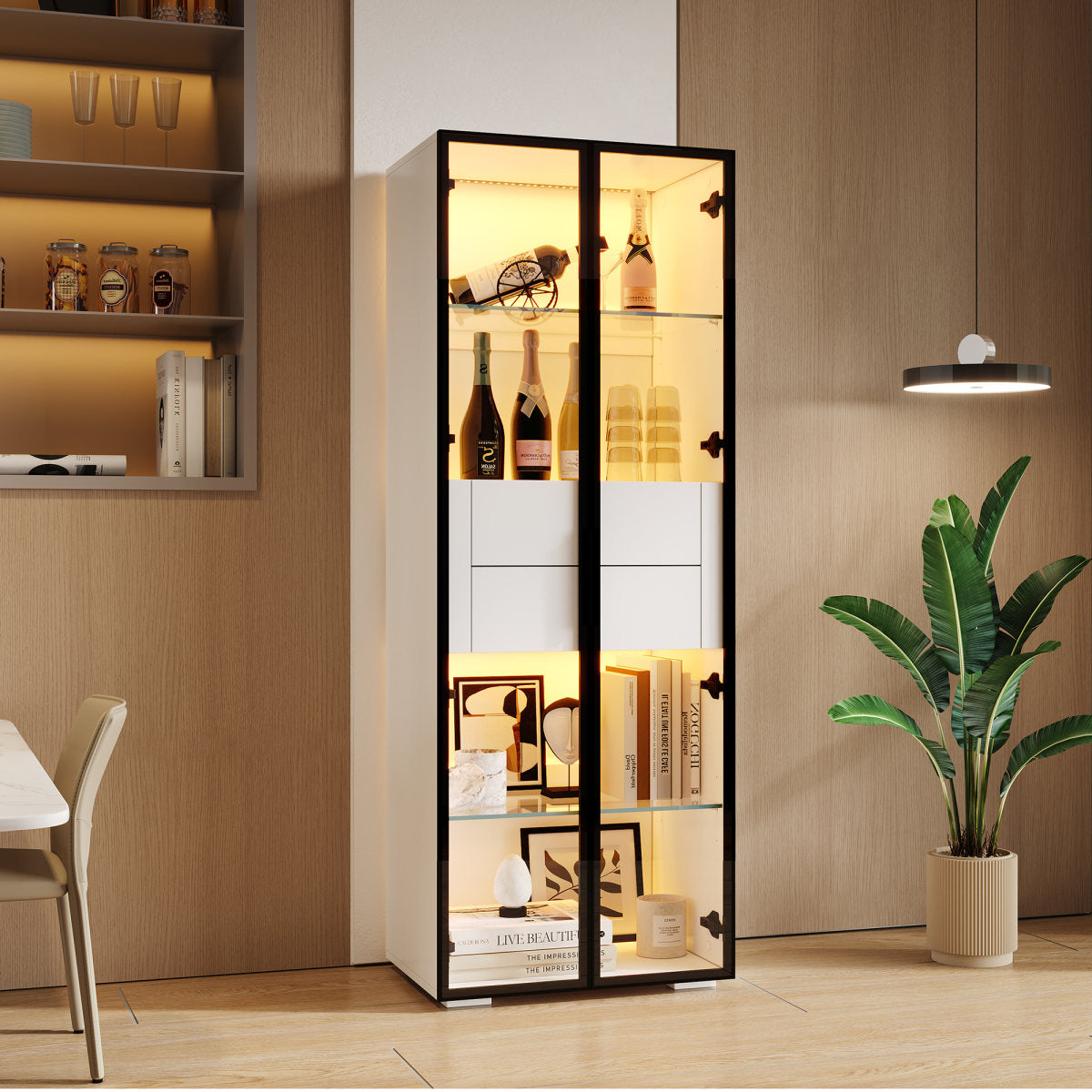 60x40x160cm Wardrobe,Tempered Glass Showcase Wardrobe Door,Showcase Storage Cabinet With LED,2Glass Floor,2Drawers,Highboard,Living Room Wardrobe,Storage Cabinet,Wardrobe,Sofa Cabinet,White