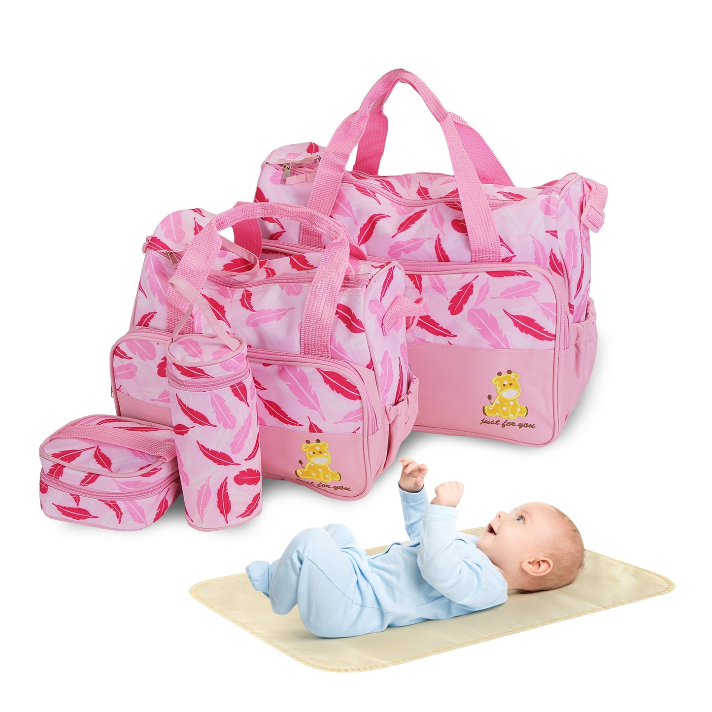 5Pcs Baby Nappy Diaper Bags Set For Picnic Mummy Diaper Handbags With Diaper Pad Food Bag Bottle Bag Travel Tote Bags For Mom Dad