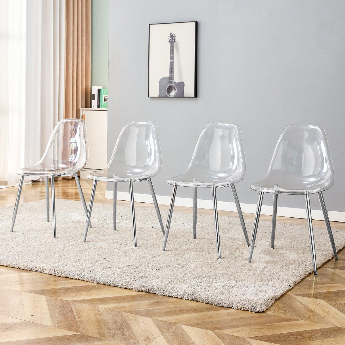 Modern Minimalist Transparent Dining Chair, Plastic Chair, Armless Crystal Chair, Nordic Creative Makeup Stool, Negotiation Chair, Silver Plated Metal Leg 6-piece Set, TW-1200