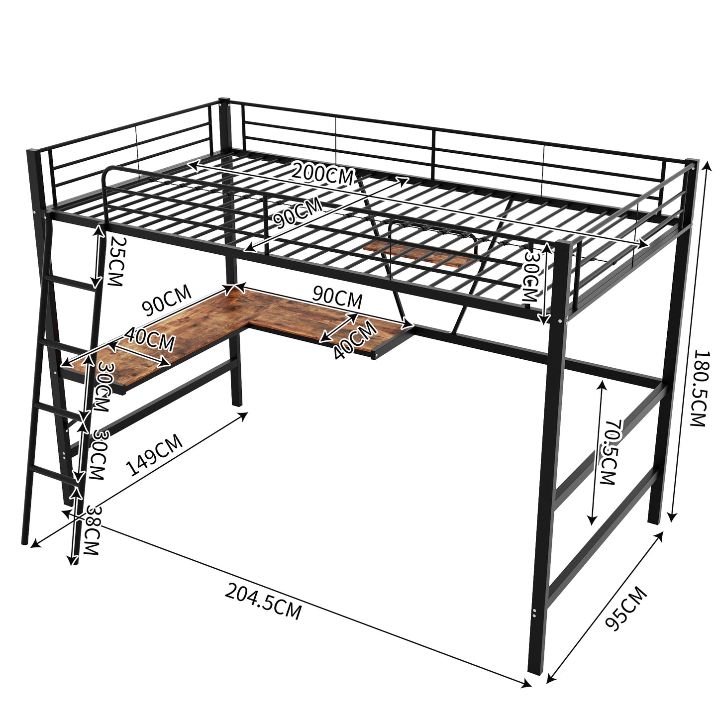 90x200cm Bed Frame Metal Bed, Iron Bed, Loft Bed With L-shaped Desk And A Shelf For Children, Teenagers And Adults, Black