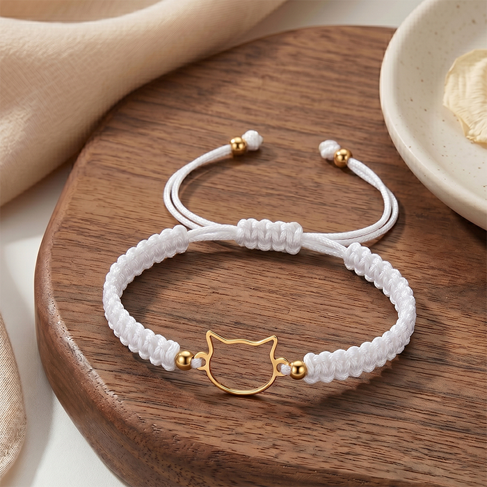 Minimalist Cat Outline Cord Bracelet - 18K Gold Plated Stainless Steel Waterproof String Bracelet - Cute Animal Jewelry Gift For Cat Lovers Men Wome