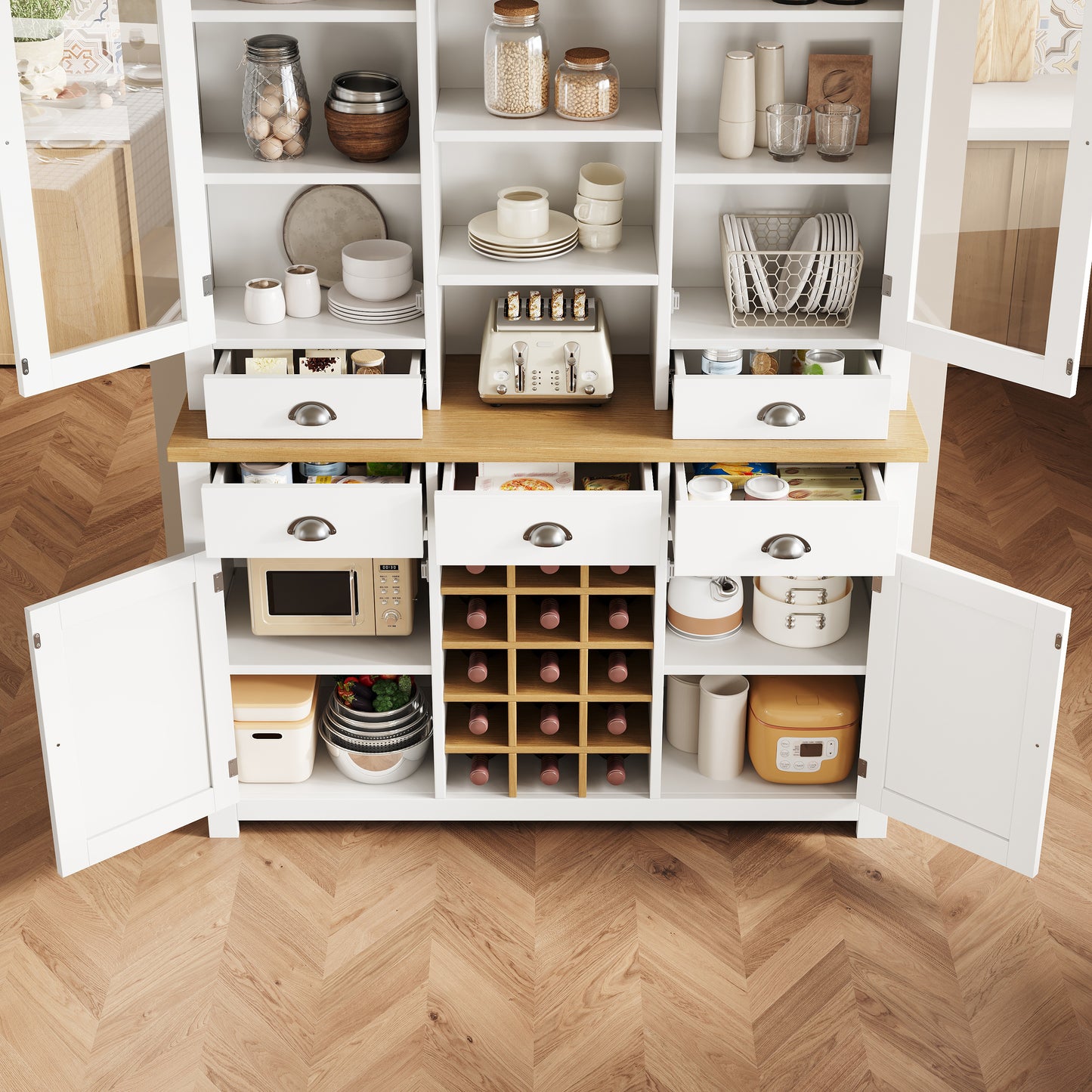 Kitchen Pantry Cabinet With Wine Rack, 185cm Tall Storage Cabinet With Glass Doors, 5 Drawers & Adjustable Shelves, White