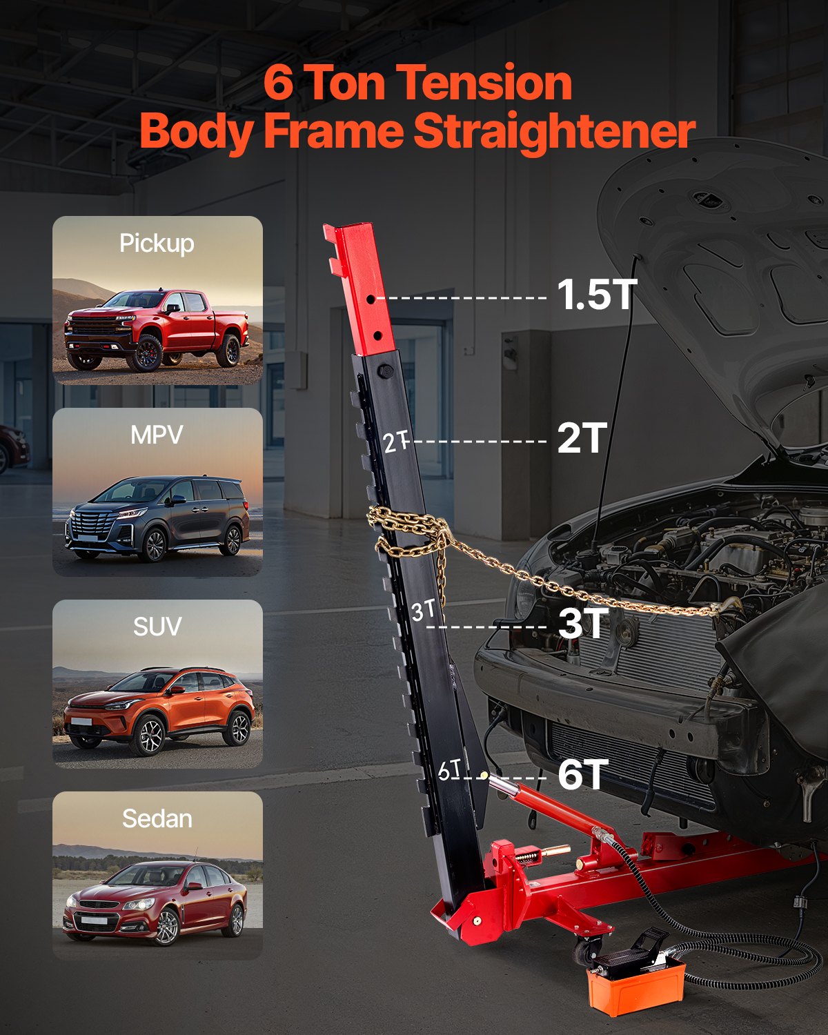 Auto Body Frame Puller Straightener, 6T Tension Car Body Repair Equipment With 6000PSI Hydraulic Foot Pump & Swivel Post, Includes 16 Straightening Tools, For Auto Repair Shop, Sedan SUV Pickup