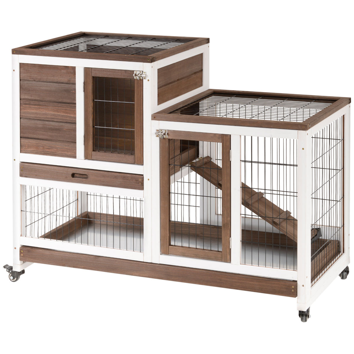 PawHut Two-Tier Rabbit Hutch Pet Cage, With Wheels - Brown