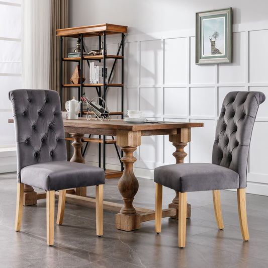Velvet Dining Chairs Set Of 2 With Oak Legs, Knob, Chrome Knocker Bedroom Chair Kitchen Chair Living Room Lounge Leisure Chair, Gray