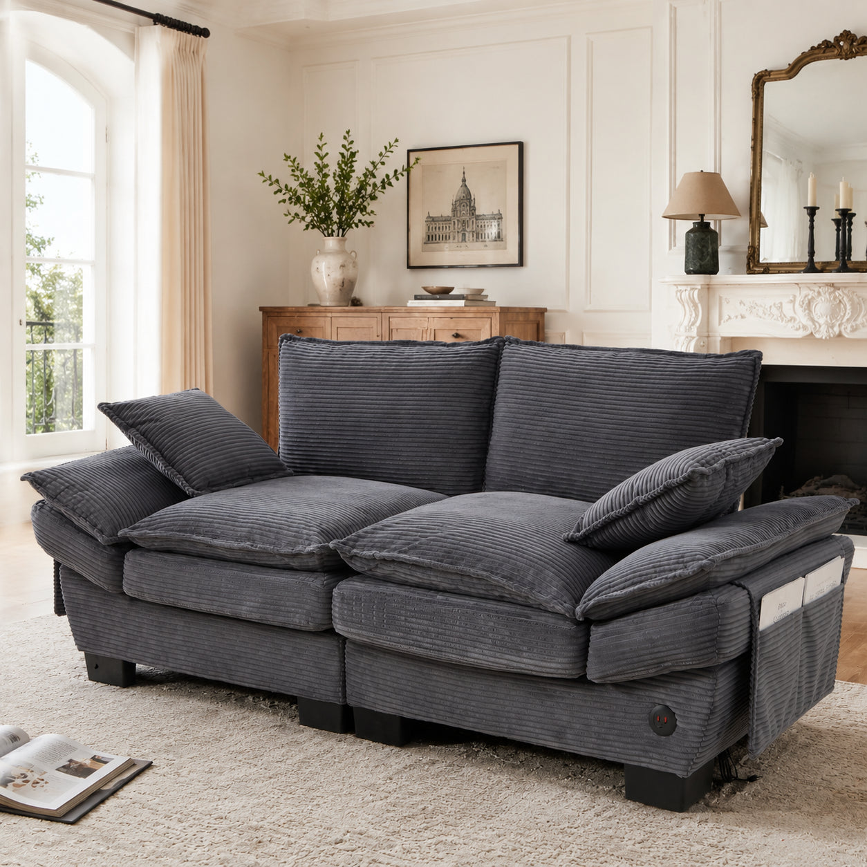 Modular Sofa With Wide Seat Surface For 2 People, Ergonomic Design, High-density Foam Cushioning, USB-C Port And Side Pockets. Ideal For Living Room, Office Or Lounge. Dark Gray