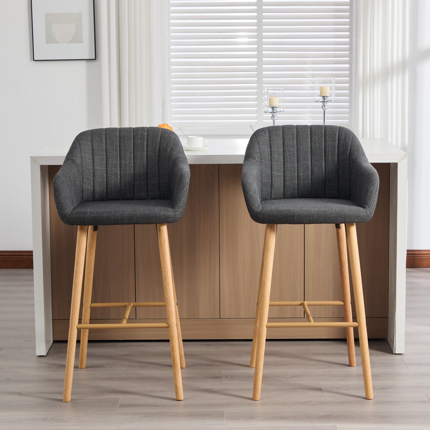 Modern European-style Bar Stools With High Backrest And Armrests, Linen-covered Seats And Wooden Legs. Suitable For Kitchens, Kitchen Islands. Set Of Two Bar Stools Black Linen