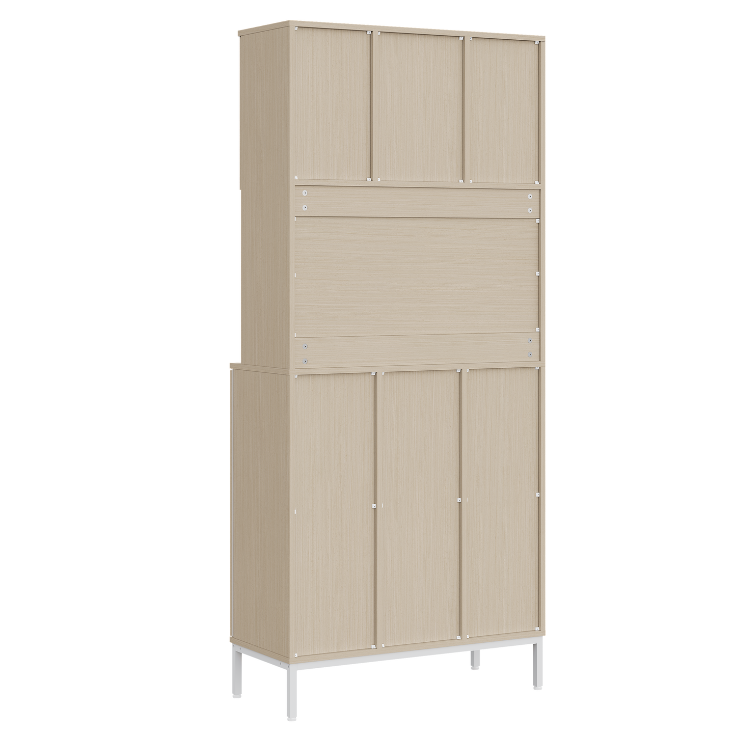 Trash Cabinet, Three-door Kitchen Cabinet In Lightwood-white, 181cm Tall Cabinet With Garbage Area, Microwave Compartment & Storage Space For Vacuum Cleaner, 80x35x181cm