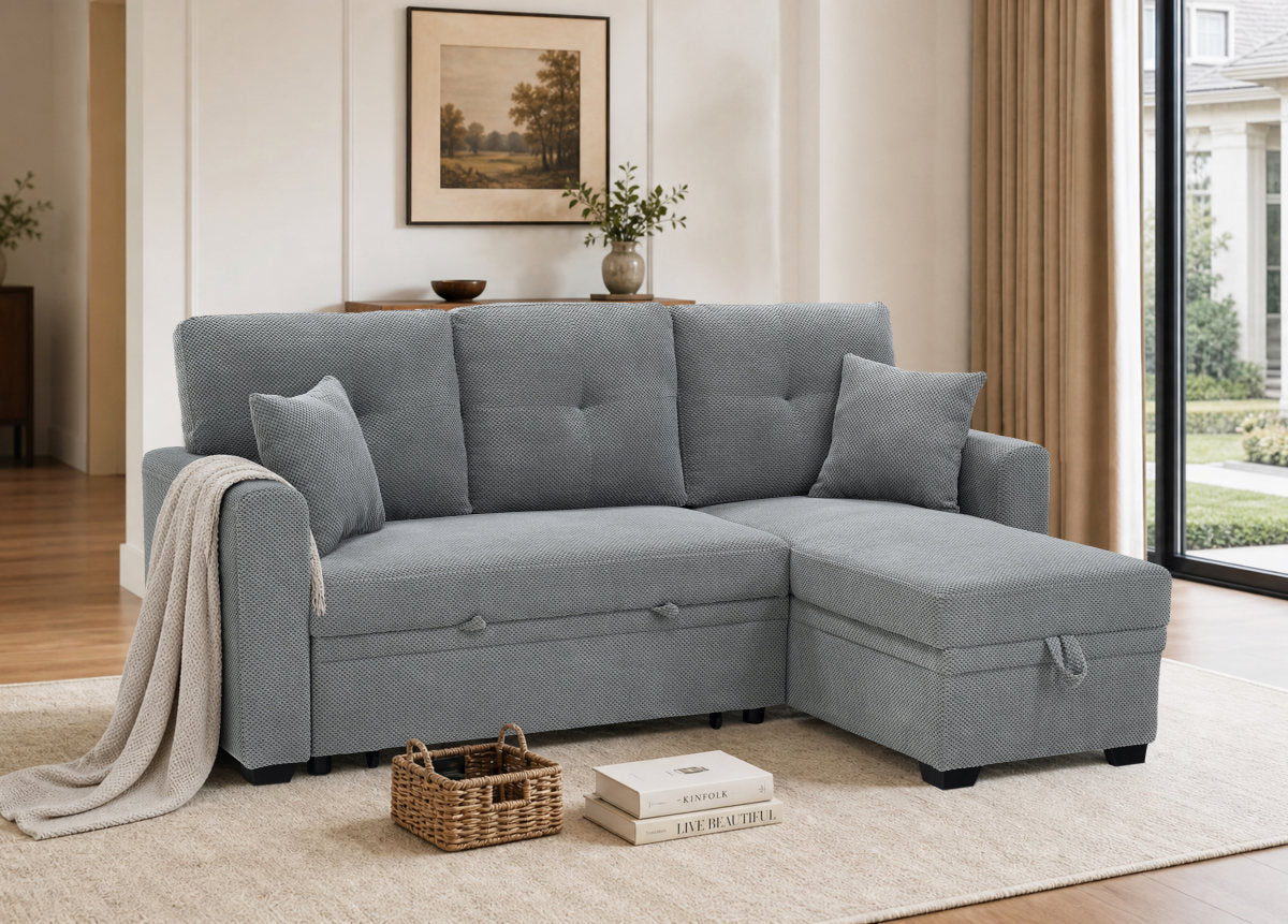 Sleeper Sofa, Sectional with Pull-Out Bed, Reversible Chaise, Storage Sectional,  Light Gray breathable  fabric, Small Space Solution, Convertible Sofa Bed, Living Room Furniture, L-Shaped Sofa
