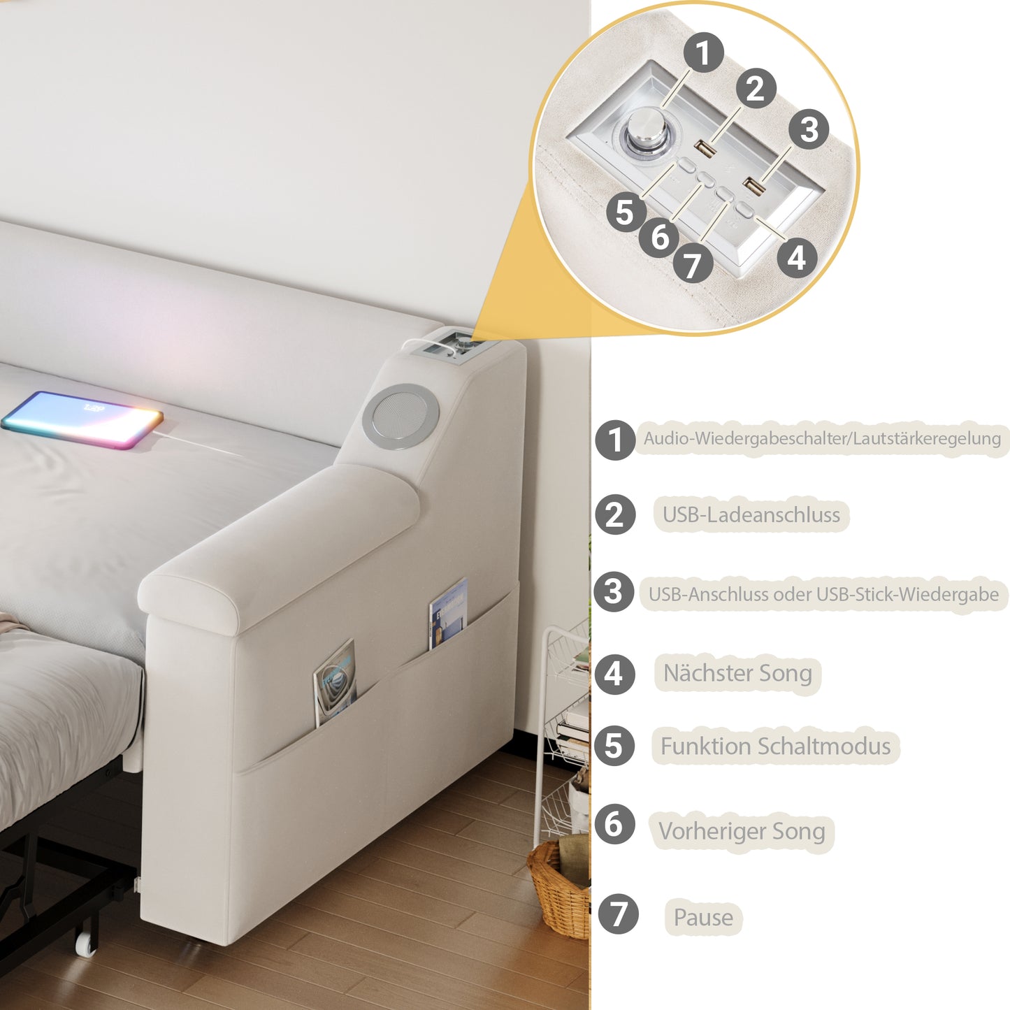 Upholstered Bed Sofa Bed, 90 180x190 Cm, Armrests Wider And Thicker, With Smart Bluetooth Stereo System With USB Charging Port, With Storage Compartments, With Slatted Base, Velvet Fabric, Beige