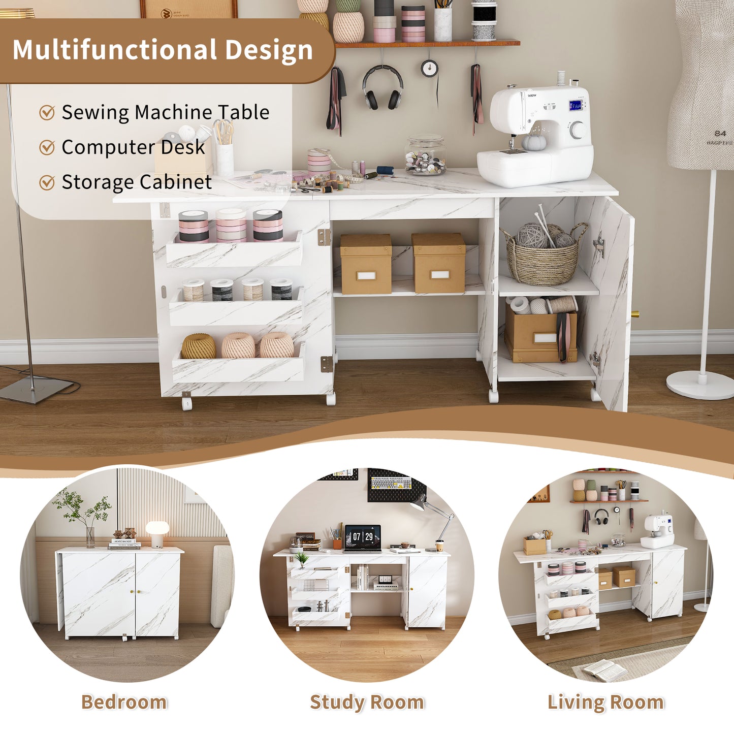 57.5 Foldable Sewing Machine Table With Locking Casters  Multi-Storage Craft Station With Shelves  Bins & Cabinet  Adjustable Sewing Cabinet For Home  Bedroom  And Craft Room White