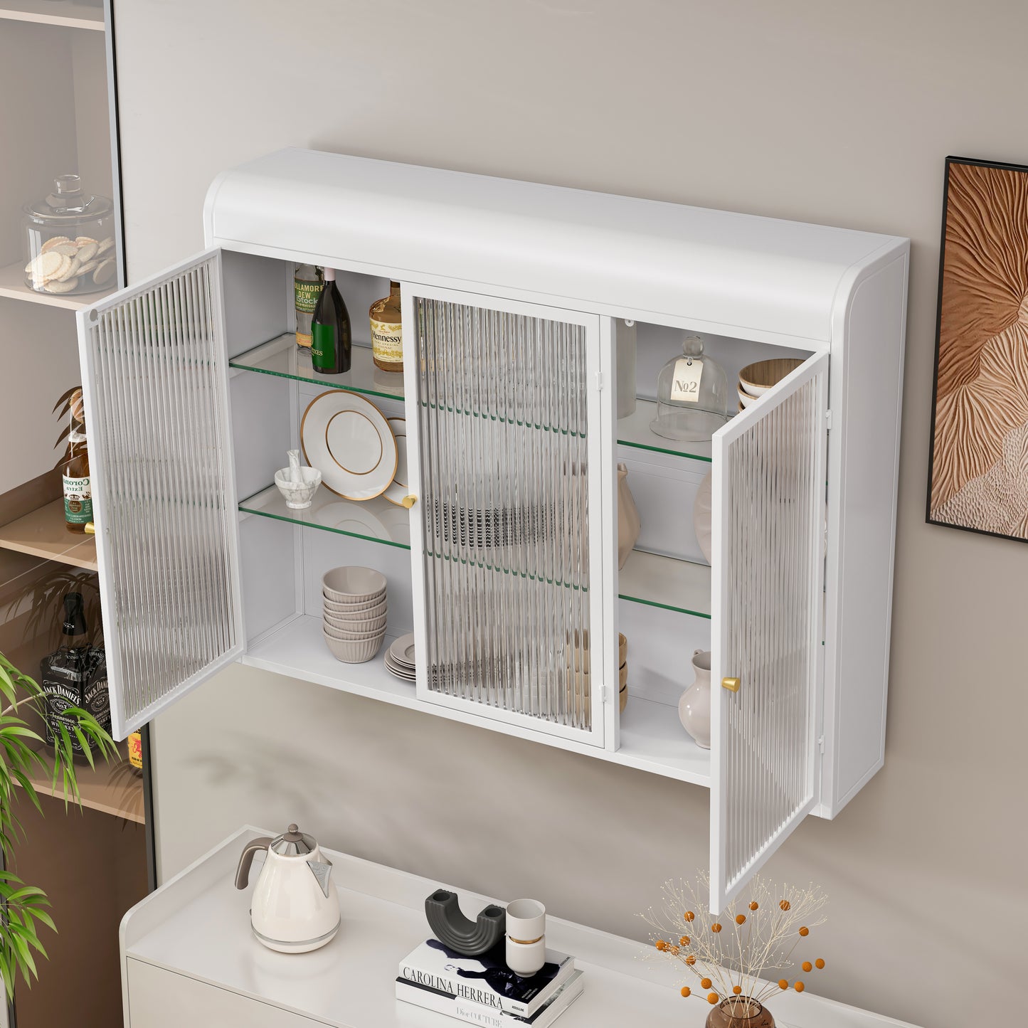 3 Door Arched Wall Mounted Glass Cabinets For Kitchen, Living Room And Bathroom White