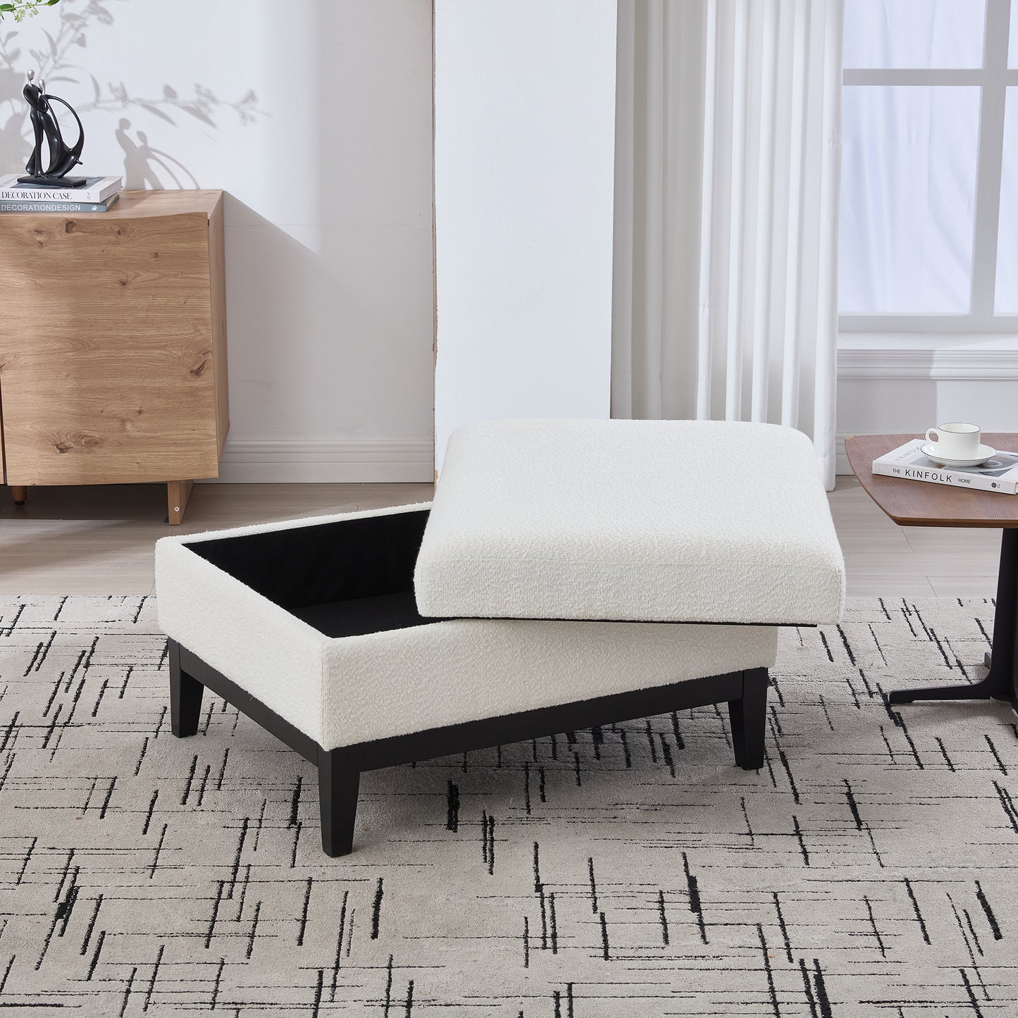 33.86 W Upholstered Wood Base Storage Ottoman With Reversible Lid Coffee Table, Foot Stool Square Footrest With Rubberwood Legs For Living Room Bedroom Entryway And Office, Ivory Boucle.