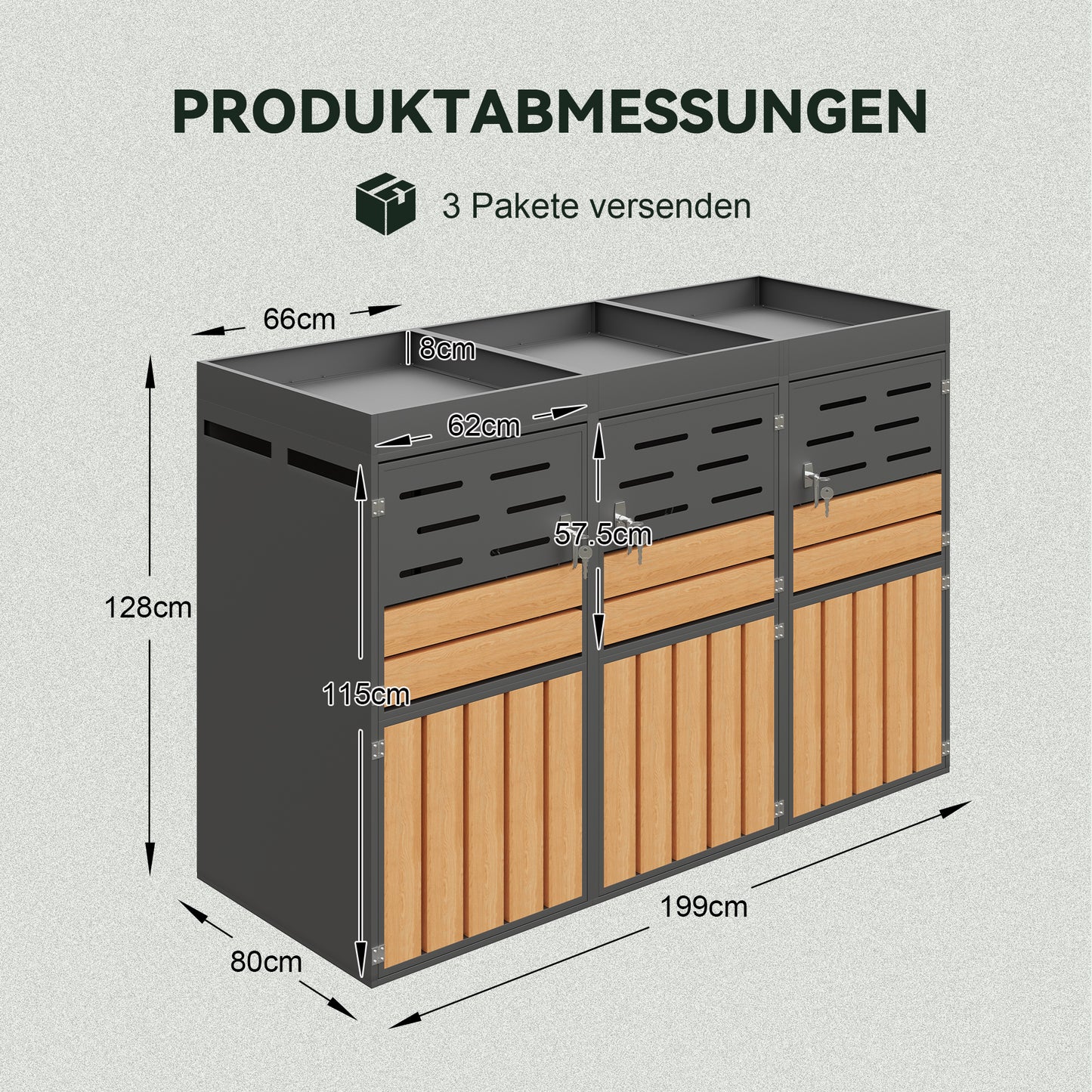 Multifunctional Outdoor Cabinet With Integrated Plant Box, Slat Ventilation, Three Separate Compartments, Galvanized Steel Frame And Safety Chain  For Storage & Garden Decoration  Without Waste Bin