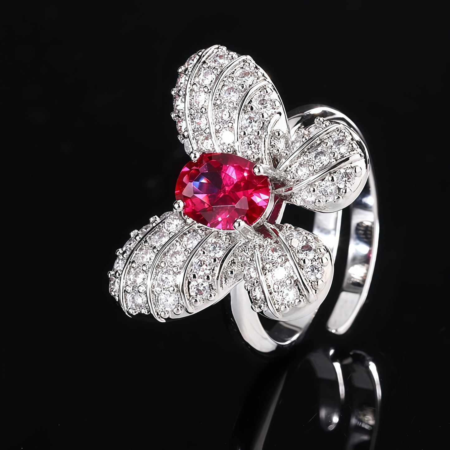 Oval  CZ Pave Bow Open Ring For Women, Copper Plated Silver Split Shank Adjustable Cocktail Wedding Statement Jewelry Gift
