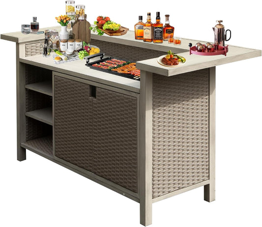 Patio Bar Table, Outdoor Aluminum PE Wicker Bar Cart With Cabinet, All Weather Use Storage Patio Cabinet For Patio Kitchen Or Bar Cart, Wood Grain