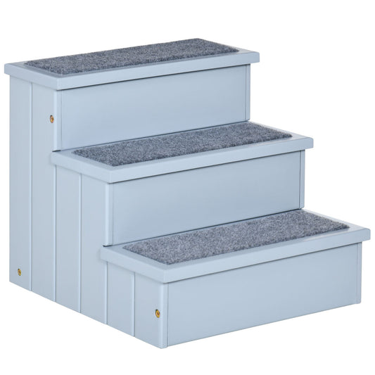 PawHut 3 Step Wooden Dog Steps Pet Stairs For Dogs, Cat Ladder For Bed Couch With Storage Grey
