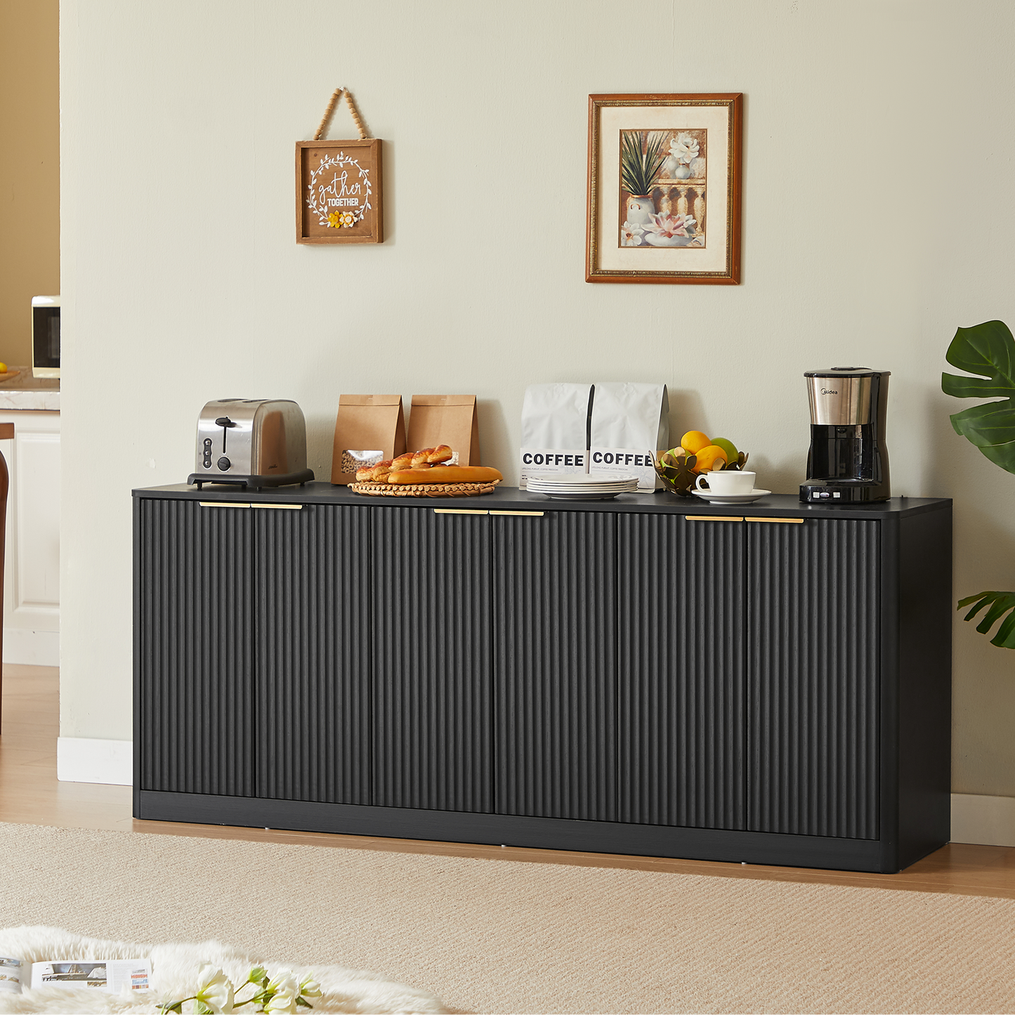 170cm Modern Sideboard With Wave Shape,Storage Cabinet With Curved Contour Design,6 Door Cabinet With Storage Function,Suitable For Kitchen Bedroom Living Room,Black,170x 40x70.5cm