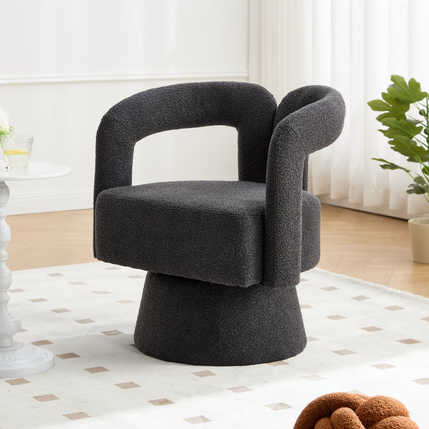 360 Degree Swivel Snuggle Barrel Accent Chairs, Round Armchairs With Wide Upholstery, Fluffy Fabric Armchair For Living Room, Bedroom, Office, Waiting Rooms, Dark Grey