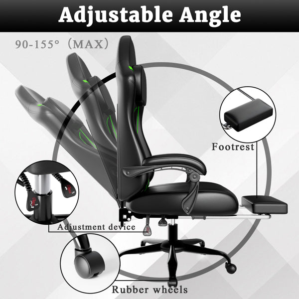 Ergonomic Gaming Chair, Video Game Chair With Pocket Spring Cushion And Footrest, Height Adjustable Computer Chair With Swivel Seat And Headrest  Faux Leather, Green