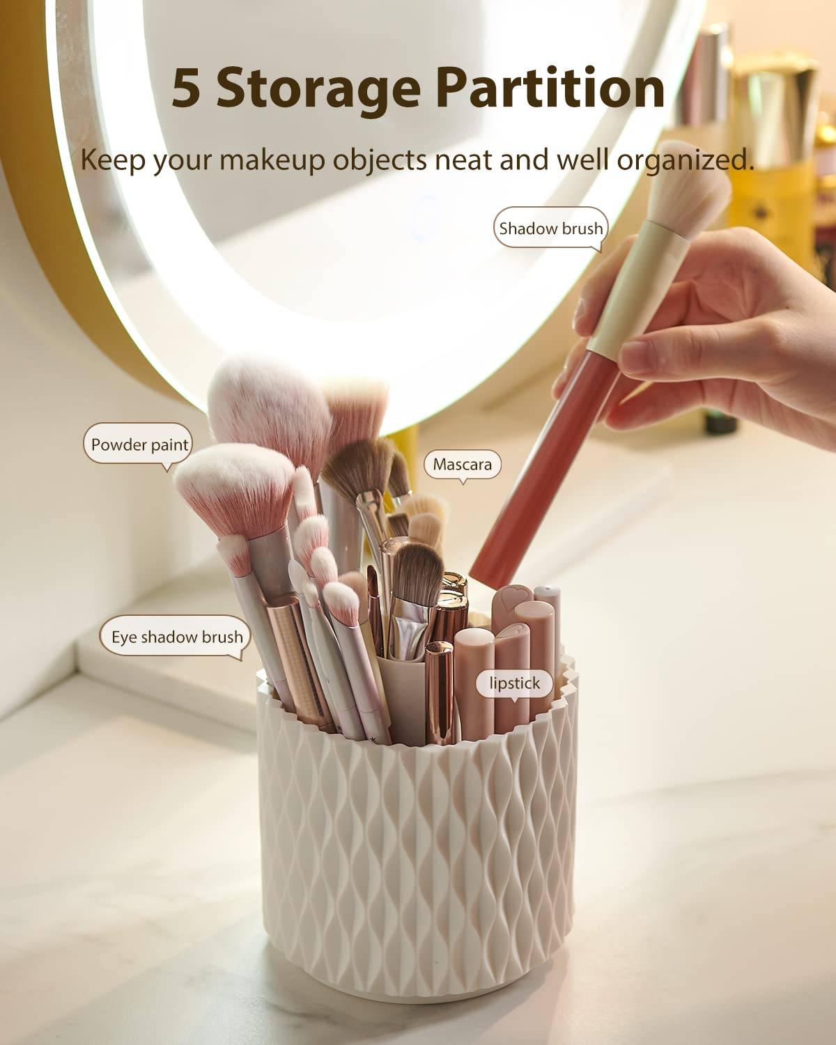 Makeup Brush Holder Dustproof & Waterproof 360 Rotating Cosmetics Make Up Brush Organizer Storage With Lid For Vanity