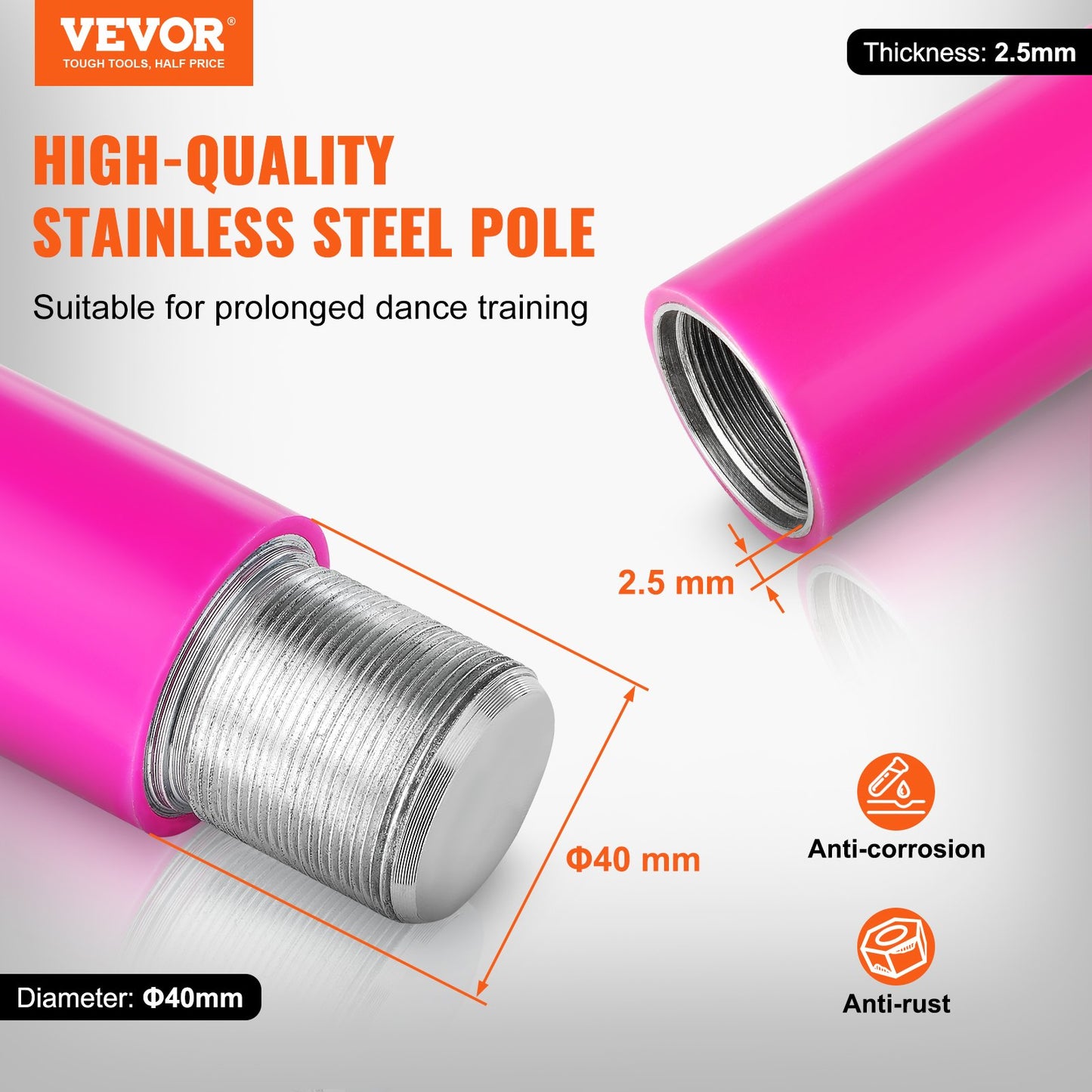 Professional Dancing Pole, Spinning Static Dancing Pole Kit, Portable Removable Pole, 40mm Heavy-Duty Stainless Steel Pole, Height Adjustable Fitness Pole, For Exercise Home Club Gym, Pink