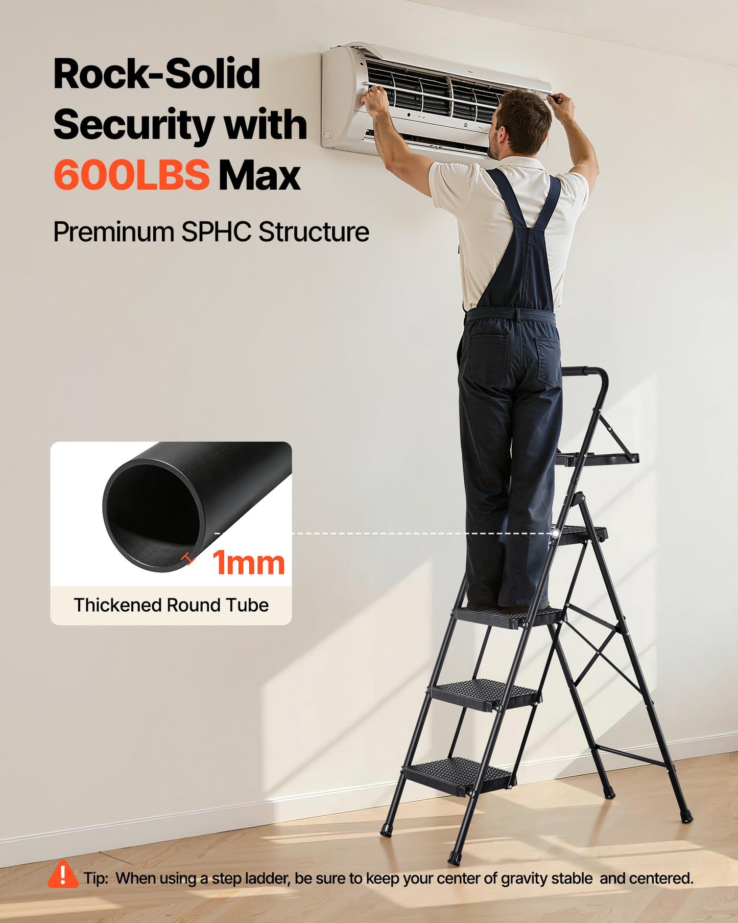 4 Step Ladder, Folding Step Stool With Wide Anti-Slip Pedal, Tool Tray, Comfort Handgrip, 600 Lbs Capacity Portable Steel Ladder, Multi-Use For Kitchen, Home, Household And Office, Black