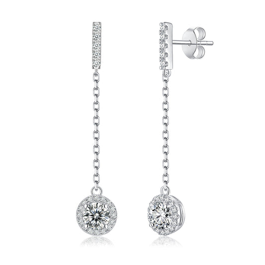 S925 Sterling Silver Moissanite Dangle Earrings 0.5 Or1CT  Platinum Plated Chain Drop With Halo Setting & GRA Certificate Elegant Jewelry Gift Box Set For Women