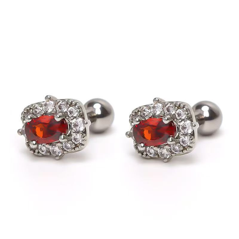 New Oval Earrings Inlaid With Red & Blue Zircon Rhinestones, High-End Electroplated Light Luxury Stud Jewelry For Men & Women