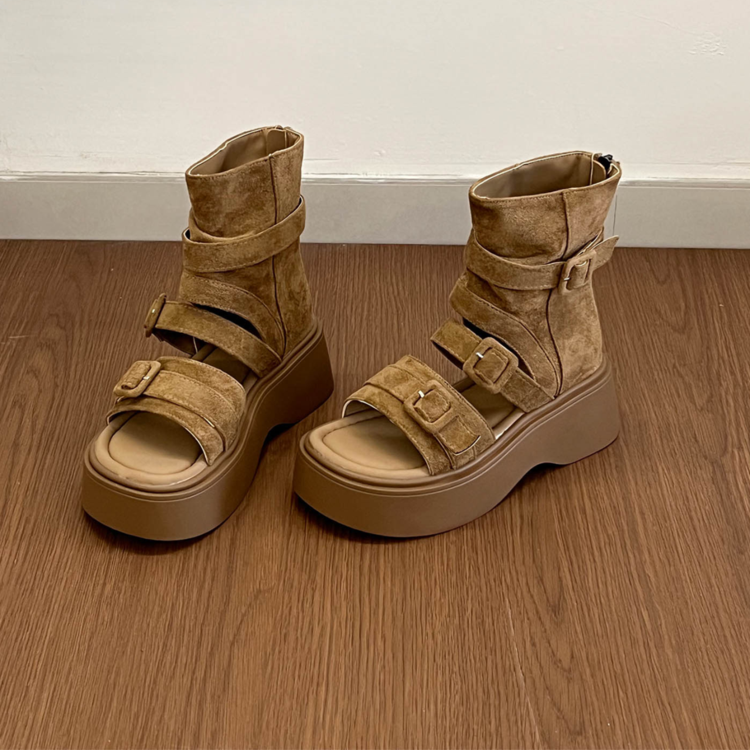 Retro Thick Soled Roman Cool Boots For Women's New Fashion Set, Toe High Top Sandals, Height Boosting Zipper Short Boots