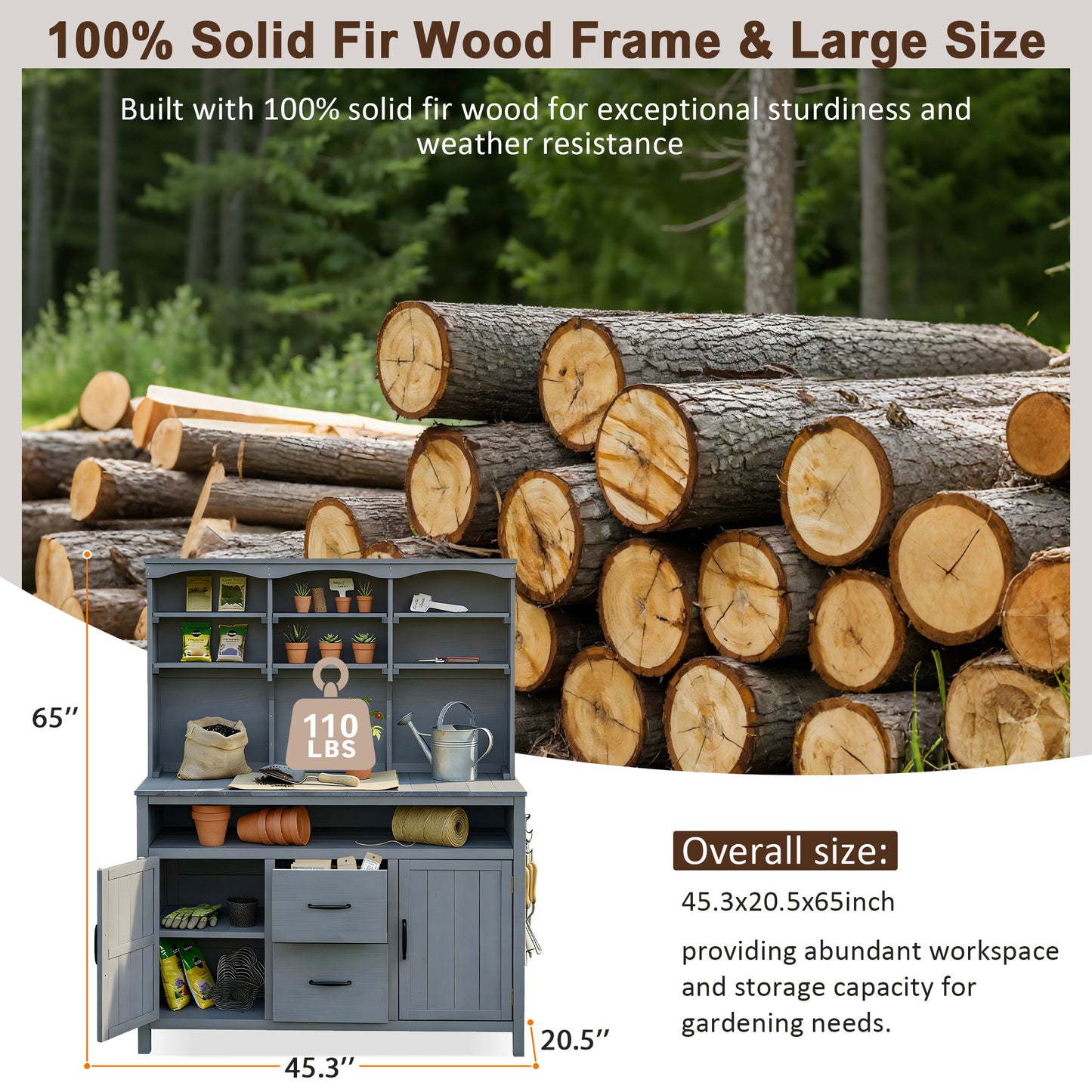With Assembly Video TOPMAx Large Fir Wood Potting Bench  45.3 L Multi- Functional Outdoor Patio Kitchen Island With Hutch  Cabinets  Drawers & Hooks   Large Countertop For Gardening  Grill  Gray