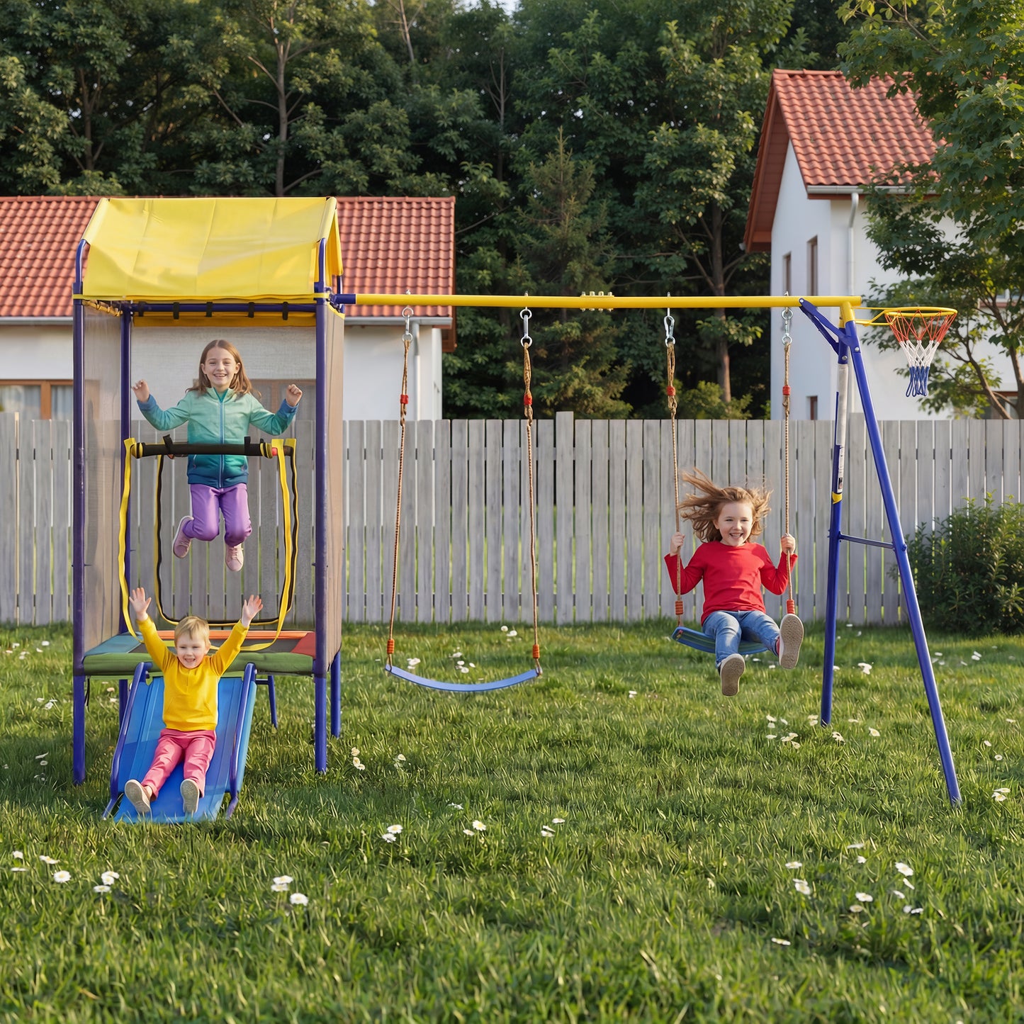 Multifunctional Outdoor Swing Set, Outdoor Children's Climbing Frame With Trampoline, Swing & Slide  Multifunctional Playground Equipment For Garden, With Safety Net, Basketball Hoop & Sturdy Iron Fr