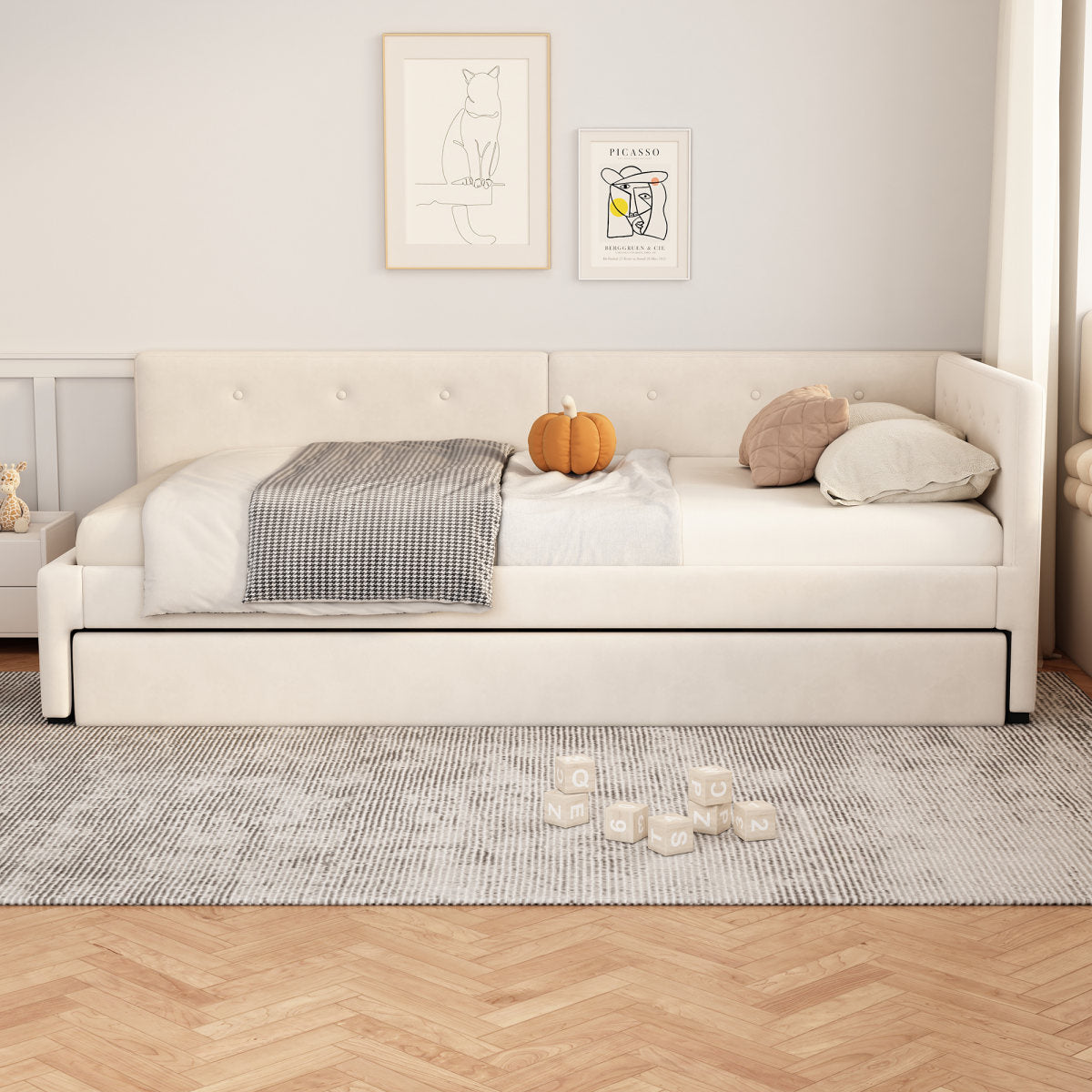 Daybed 90x200cm, Daybed With Rollaway Bed, Sofa Bed, Single Bed  Without Mattress , Minimalist Styling, Beige