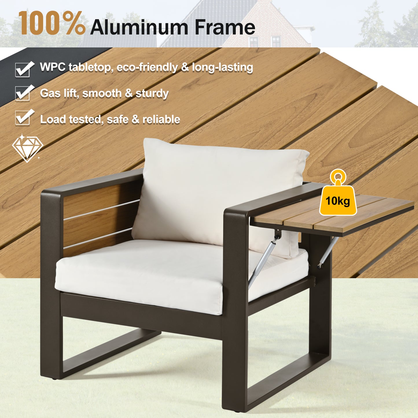 Large 4-Piece  Aluminum Frame Outdoor Patio Furniture Set For 5 Person, 3-Seater Sofa, 2 Armchairs With Fold-Out Side Tables, Modern Garden Patio Seating, All-Weather Use, Beige Cushions