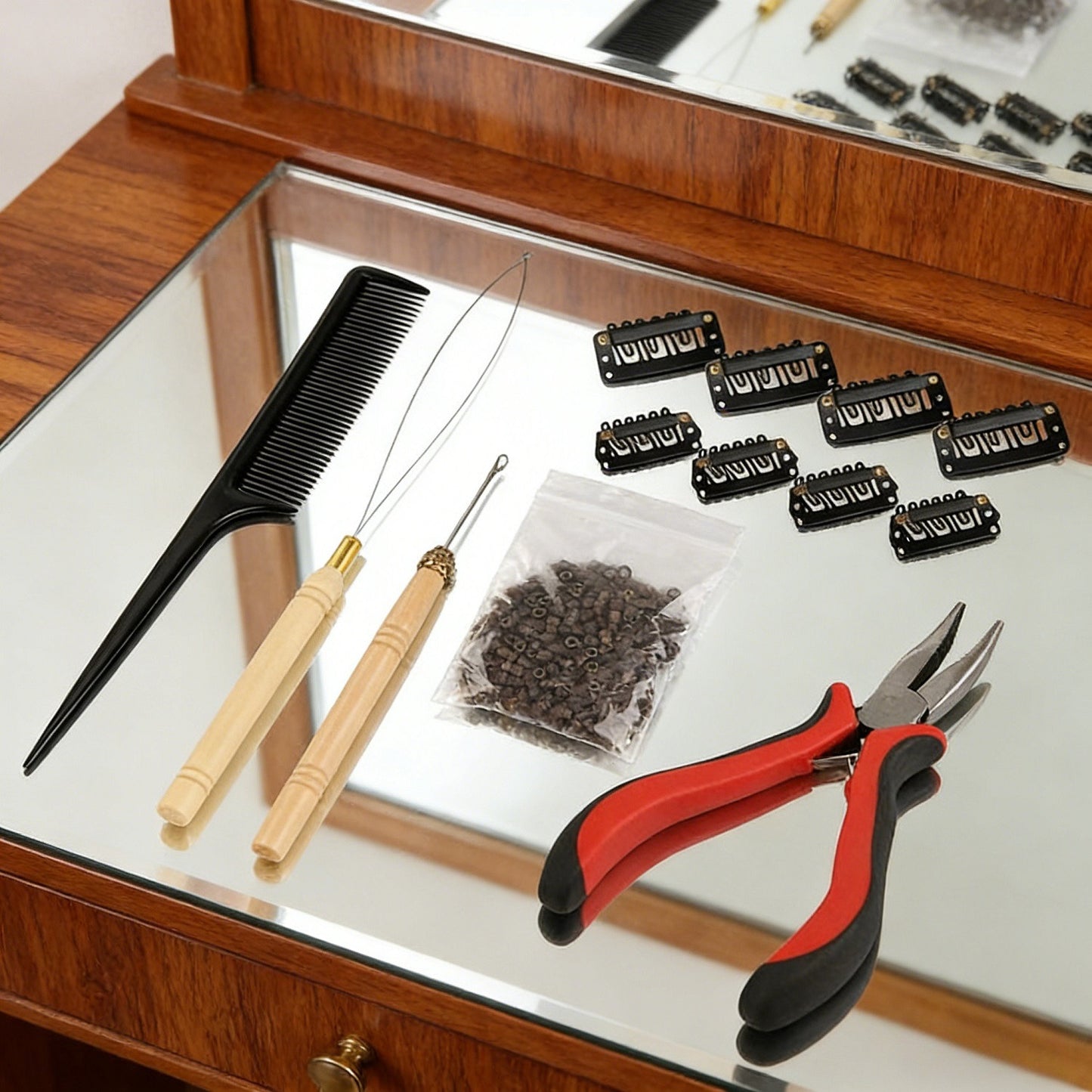 Microring Hair Extensions Set Mit Werkzeug, Kamm Und Clips, Komplettes Echthaar-Verlängerungsset Für DIY-Frisuren, Professionelles Haarstyling-Zubehör Für Partys-Partyzubehör-Set