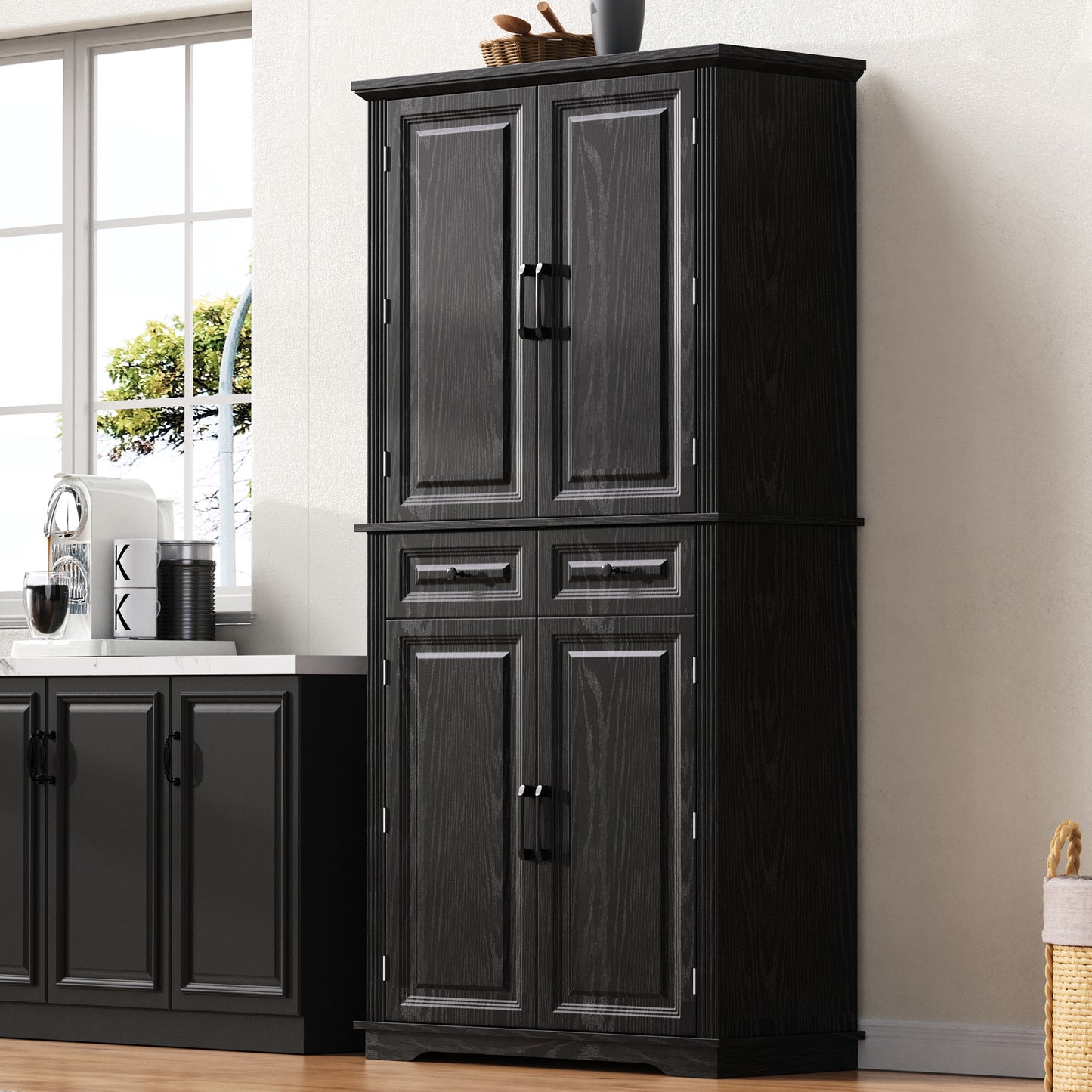 K&K 71   Tall Kitchen Pantry Cabinet With 3 Pull Out Cabinet Organizers, Farmhouse Embossed Texture Storage Cabinet With 6 Door Shelves, 2 Drawers, Freestanding Cupboard For Kitchen, Dining Room Black